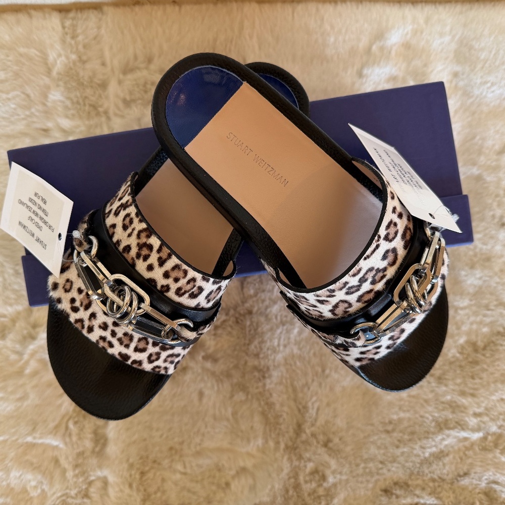 NWT Stuart Weitzman Cadena Spotted Leopard Leather & Calf Hair Slides 9.5 NIB - Picture 3 of 10